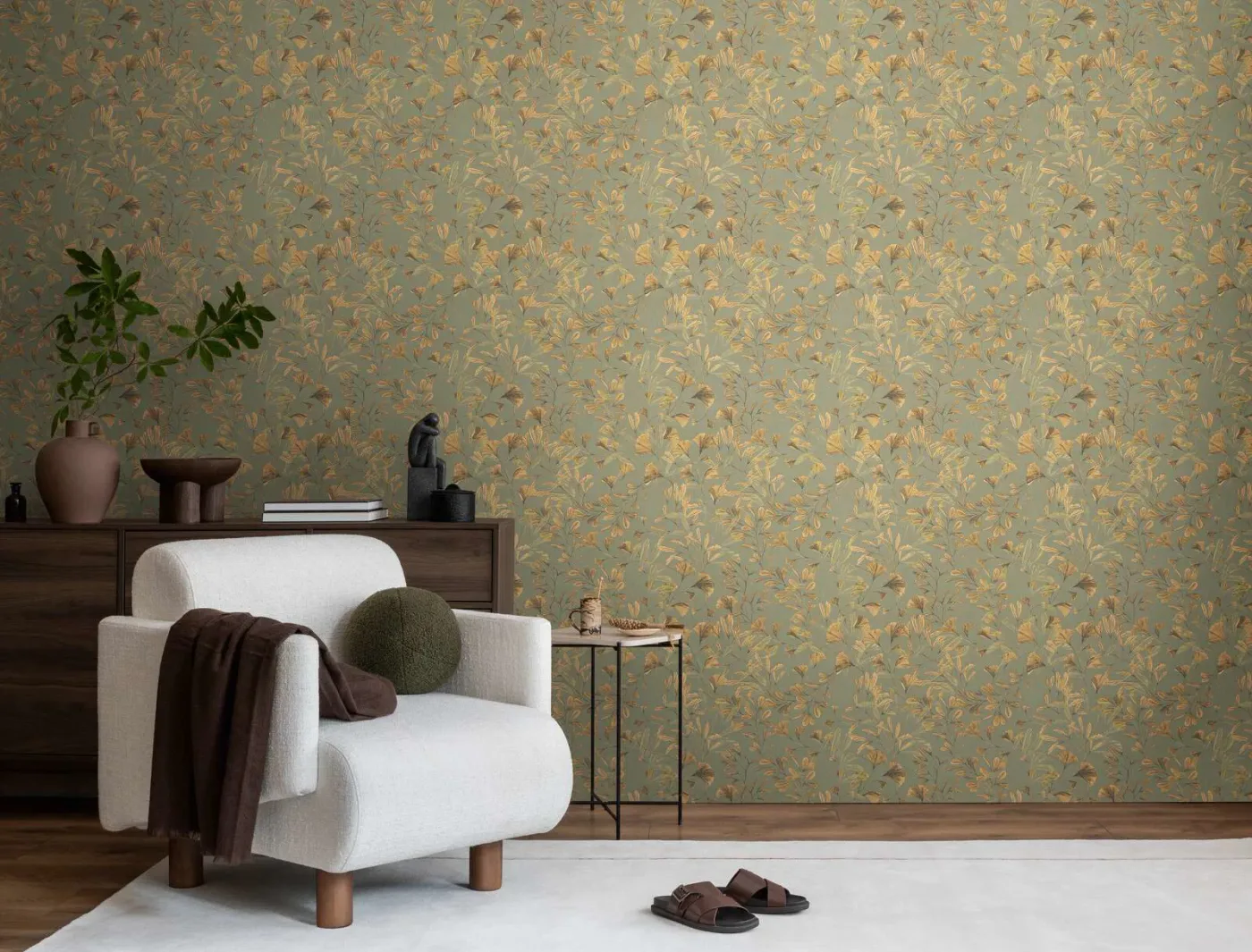 Papel mural ocre botánico Anna d'Andrea en espacio elegante
