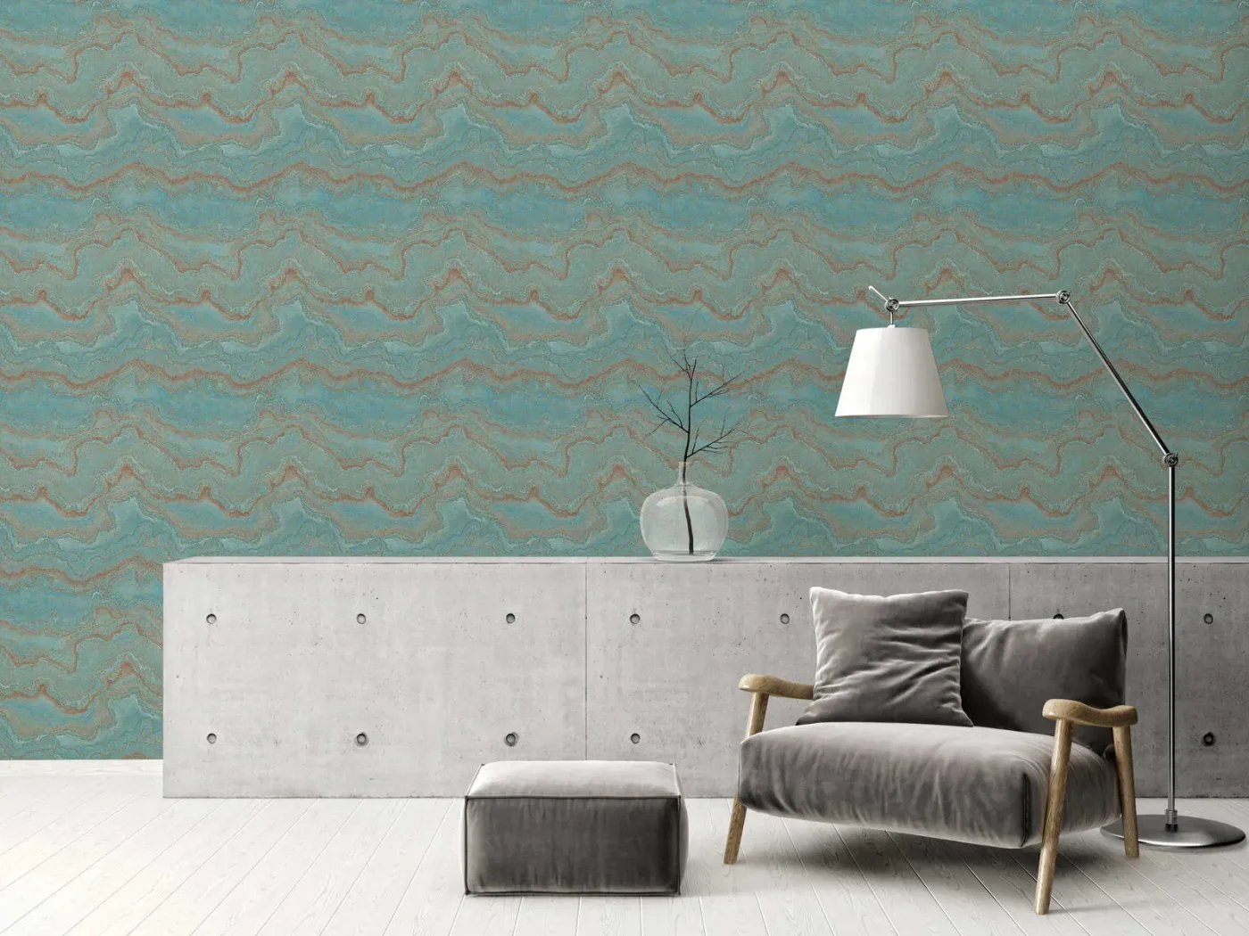 Papel mural texturado azul en ambiente moderno